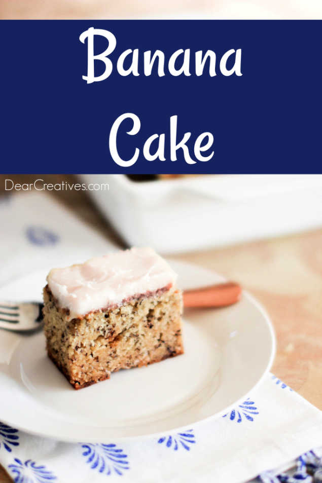 banana cake easy to make, with cream cheese frosting © DearCreatives.com #bananacake #bananacakerecipe #bananacakecreamcheesefrosting #easy #tasty #moist #homemade #scratch #baking