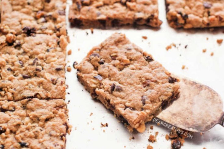 chocolate chip cookie bars on a sheet pan ready to be served © 2019 Theresa Huse DearCreatives.com