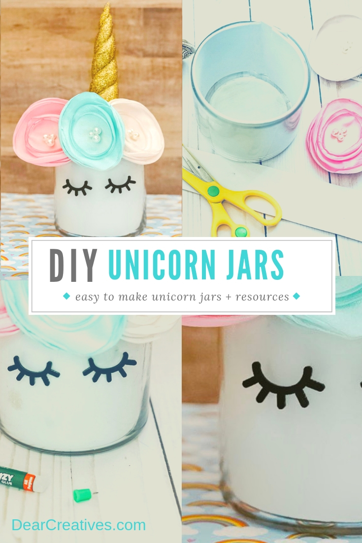 unicorn Jars - use this diy to make one or many unicorn jars. Step by step instructions. Use for unicorn centerpieces, unicorn parties, unicorn decor or unicorn gifts. DearCreatives.com #unicornjars #unicornjarsdiy #unicorncenterpieces #unicorndiys