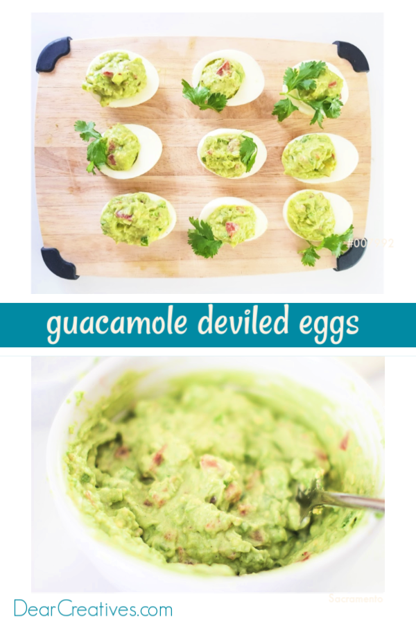 Avocado Deviled Eggs - grab this easy to make guacamole deviled eggs recipe at DearCreatives.com #avocadodeviledeggs #guacamoledeviledeggs #deviledeggsrecipe #avocado #guacamole #deviledeggs #appetizers #recipe