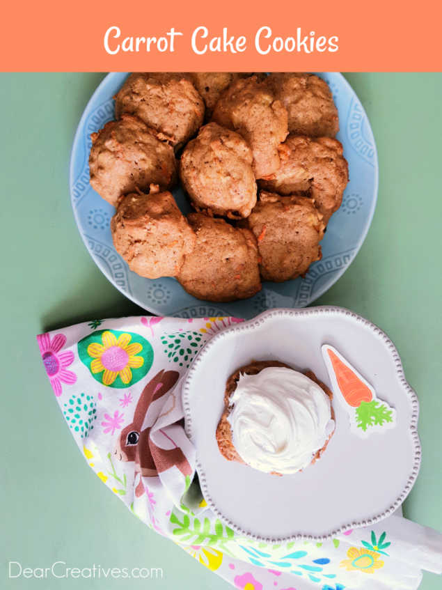 Carrot Cake Cookies looking down at cookies on a two serving plates.-You can bake, these cookies then frost them or make them into sandwich cookies. Great for spring celebrations like Easter.DearCreatives.com #carrotcakecookies #cookierecipes #dearcreatives