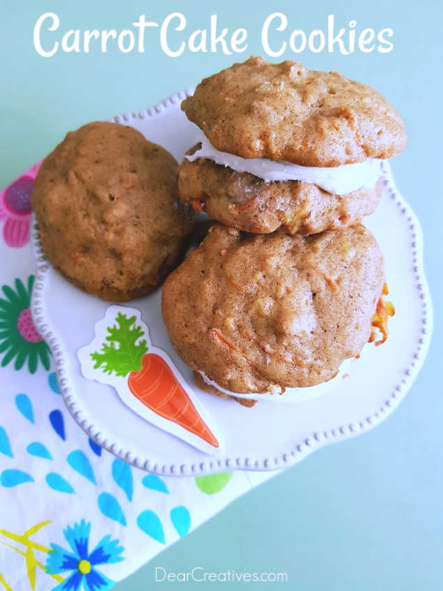 Carrot Cake Sandwich Cookies - make these carrot cookies unfrosted, frosted or in sandwich cookies. Grab the carrot cake cookies recipe at DearCreatives.com- #carrotcakecookies #carrotcakesandwichcookies #recipe #cookierecipes #dearcreatives