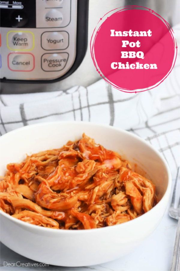 Instant Pot BBQ Chicken -Instant Pot BBQ Chicken. Are you looking for an easy chicken dinner? This is it! Winner, winner barbecue chicken dinner. Add the pulled BBQ chicken to buns and serve it as chicken sandwiches or layer on mashed potatoes. You will be hearing it's Finger-Lickin' chicken. great for hot days, rainy days or anytime of year #instantpot #bbqchicken #recipe #instantpotbbqchicken #pulledbbqchicken #bbqchickensandwiches #dearcreatives