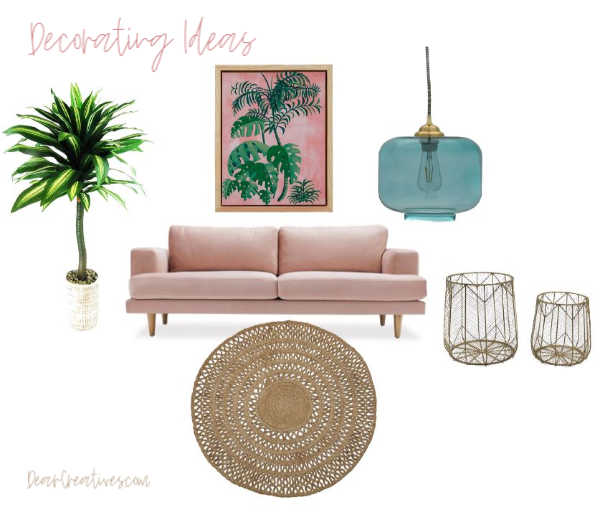 Living room with a pink velvet sofa and decor accents pieces - Decorating ideas at DearCreatives.com #roommakeover #decoratingideas #decor #tips