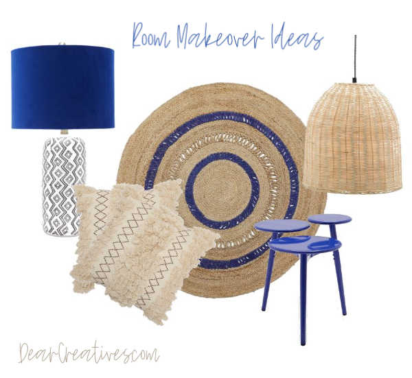 Room makeover ideas with Drew Barrymore flower home - add blue accents, texture and geometric patterns. Find more decor ideas at DearCreatives.com