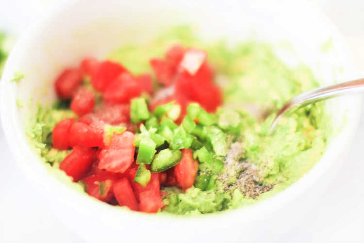 avocados, chopped tomato, green onion, jalapeno, spices. find recipe at DearCreatives.com © 2019 DearCreatives.com