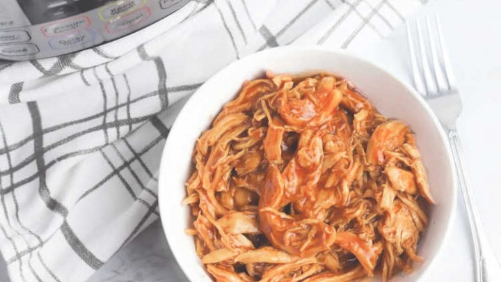 instant pot BBQ chicken in a bowl ready to serve. BBQ chicken dinner. Add the cooked bbq chicken to buns, next to or on mashed potatoes and you have a dinner on the table quickly. © 2019