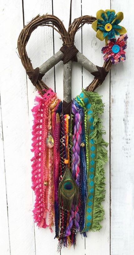 boho heart, flowers, wood heart peace sign wreath