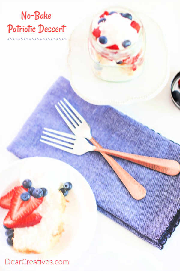 no bake Patriotic dessert served in mini mason jars or on a plate. DearCreatives.com