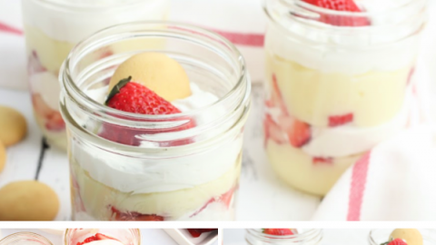Strawberry Trifle Icebox Cake layered in mason jars