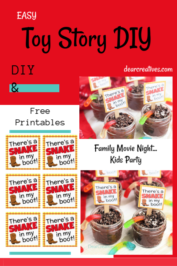 There's A Snake In My Boot Printable and treat recipe DIY -Toy Story Idea - Pudding Cups for Kids with Free Toy Story Printable. Use for Toy Story Party ideas, cowboy themed parties or family movie night. Grab free printable and DIY DearCreatives.com 