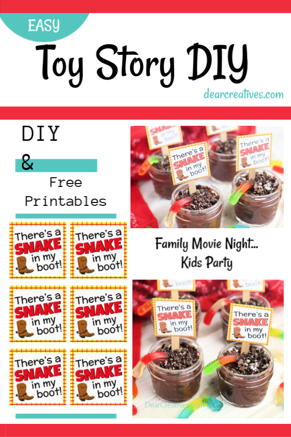 Toy Story Idea - Pudding Cups for Kids with Free Toy Story Printable. Use for Toy Story Party ideas, cowboy themed parties or family movie night. Grab free printables and DIY DearCreatives.com
