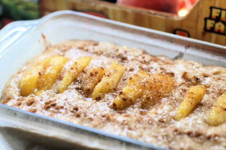 peach bread in a baking pan ready to be baked DearCreatives.com