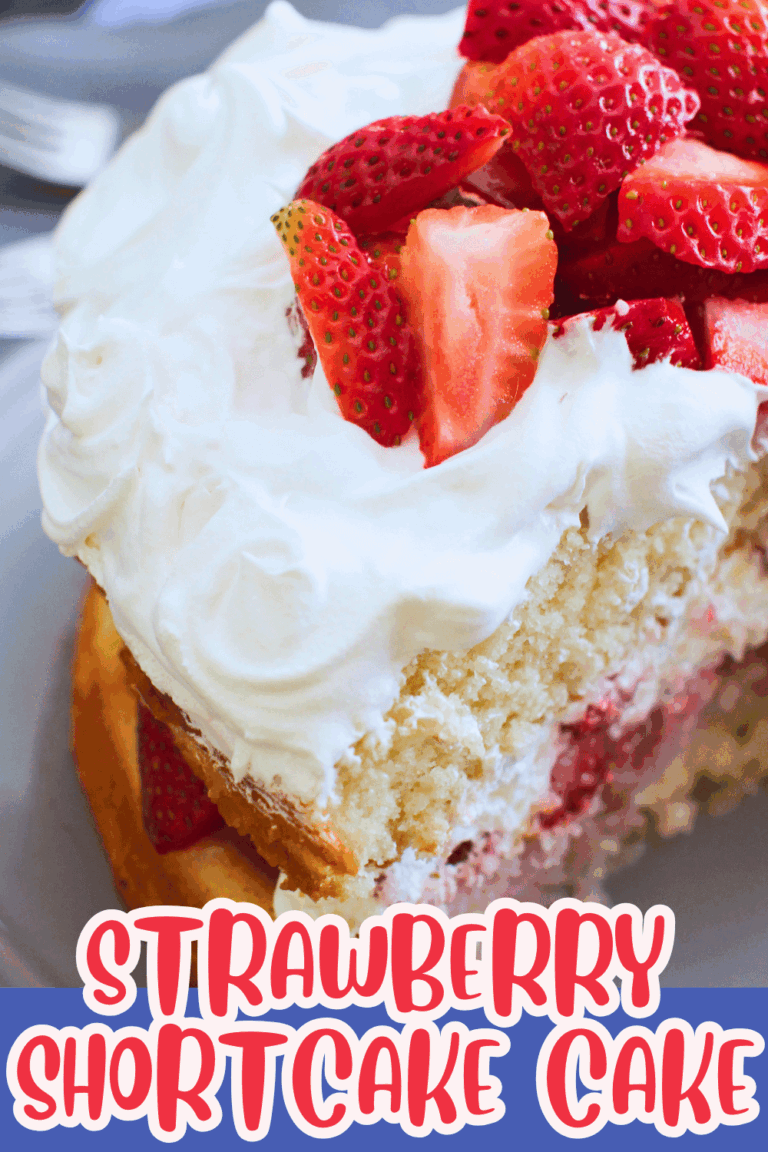 Strawberry Shortcake Cake - Easy strawberry cake with 2-layers packed with fresh strawberries and whipped cream. This will disappear so quickly because it is so tasty! Strawberry Cake Recipe DearCreatives.com
