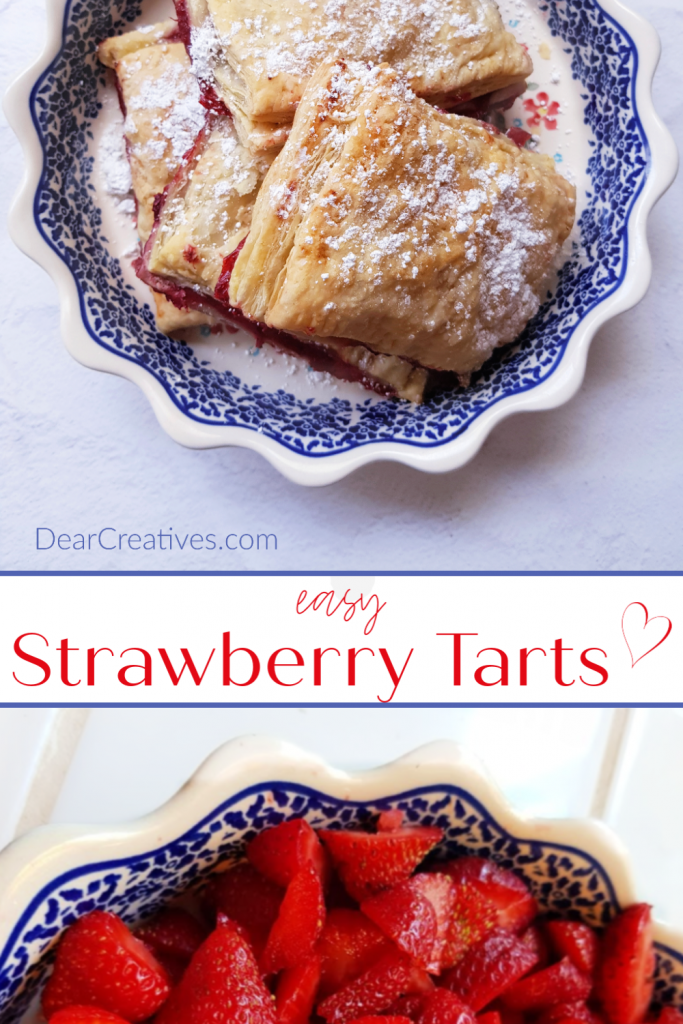 Strawberry Tarts - The tarts are made with puff pastry, this is an easy recipe. Perfect for breakfast, brunch or as a dessert. DearCreatives.com #strawberrytarts #easy #strawberrytartswithpuffpastry #tartsrecipes #strawberryrecipes 