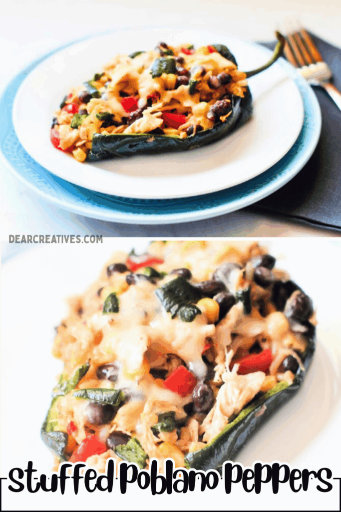 how to make stuffed poblano peppers. Get instructions and easy recipe to roast poblano peppers and savory stuffing with chicken. Enjoy chicken stuffed peppers for dinner! DearCreatives.com 