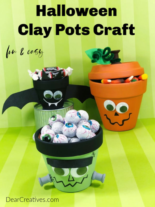 Halloween Clay Pots DIY Bat Craft - Frankenstein Craft - Jack O Lantern. This is a fun and easy Halloween Craft that can be made by adults or used as a Halloween craft for kids. DearCreatives.com