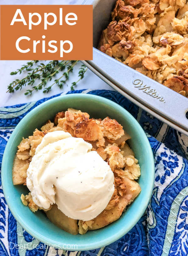 Apple Crisp - Filled with apples, cinnamon, oatmeal...This is an easy apple dessert to make. Perfect for fall or anytime you have fresh apples. Serve apple crisp warm or cold topped with vanilla ice cream or whip cream, or whipped topping. Grab this an more apple dessert recipes at DearCreatives.com