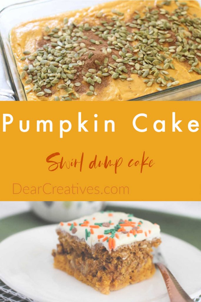 Pumpkin Dump Cake - The best fall cake that is so easy to make and a crowd-pleasing cake. Make it in a 13 x 9 size baking pan. DearCreatives.com