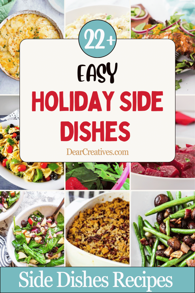An assortment of holiday side dish recipes, including fresh salads, creamy potatoes au gratin, and roasted vegetables, presented in decorative serving dishes and bowls, ready for a festive gathering.