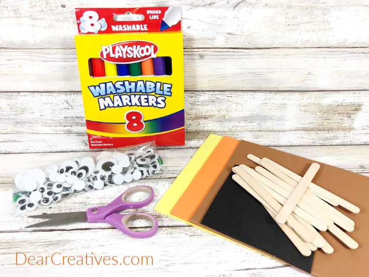 Craft Supplies for making craft stick characters and fall crafts for kids. See the full list of materials and instructions to make craft stick characters on DearCreatives.com