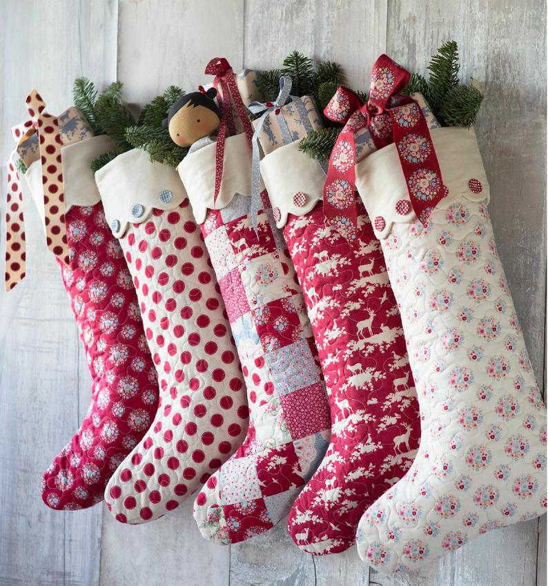 Fabric Christmas Stockings in Vintage Patterned Fabrics, Free Tilda Christmas Stocking Pattern