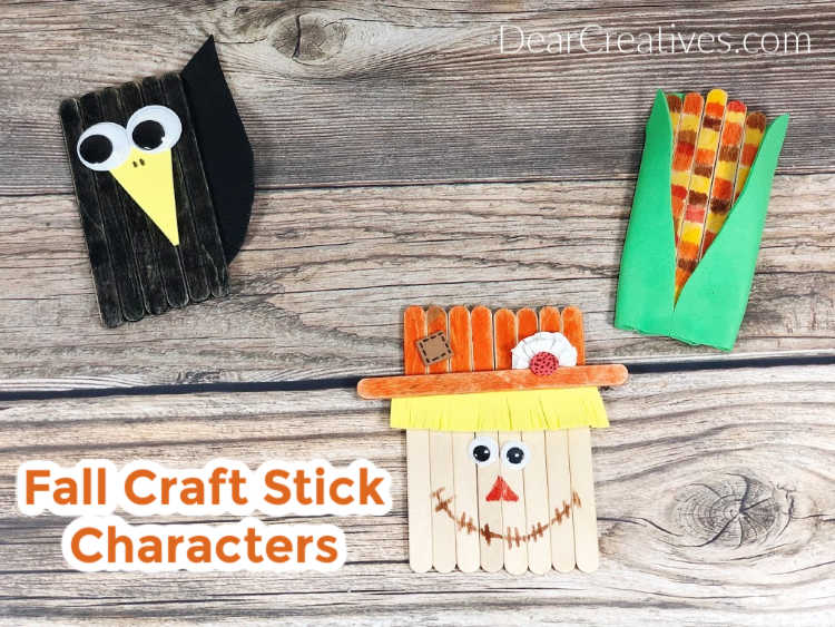 Fall Craft Stick Characters - Scarecrow, crow and harvest corn. Grab the instructions for these easy Popsicle stick crafts. DearCreatives.com