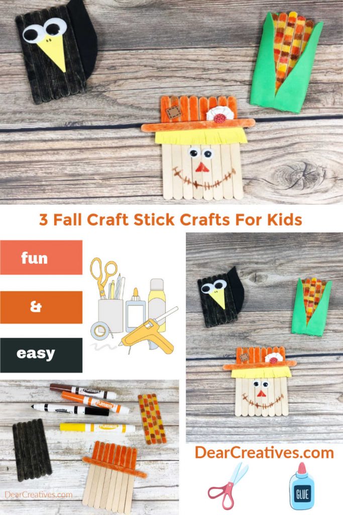 Fall Craft Stick Characters - how to make a Popsicle scarecrow, crow and harvest corn.Fall Kids Crafts made with craft sticks. DearCreatives.com