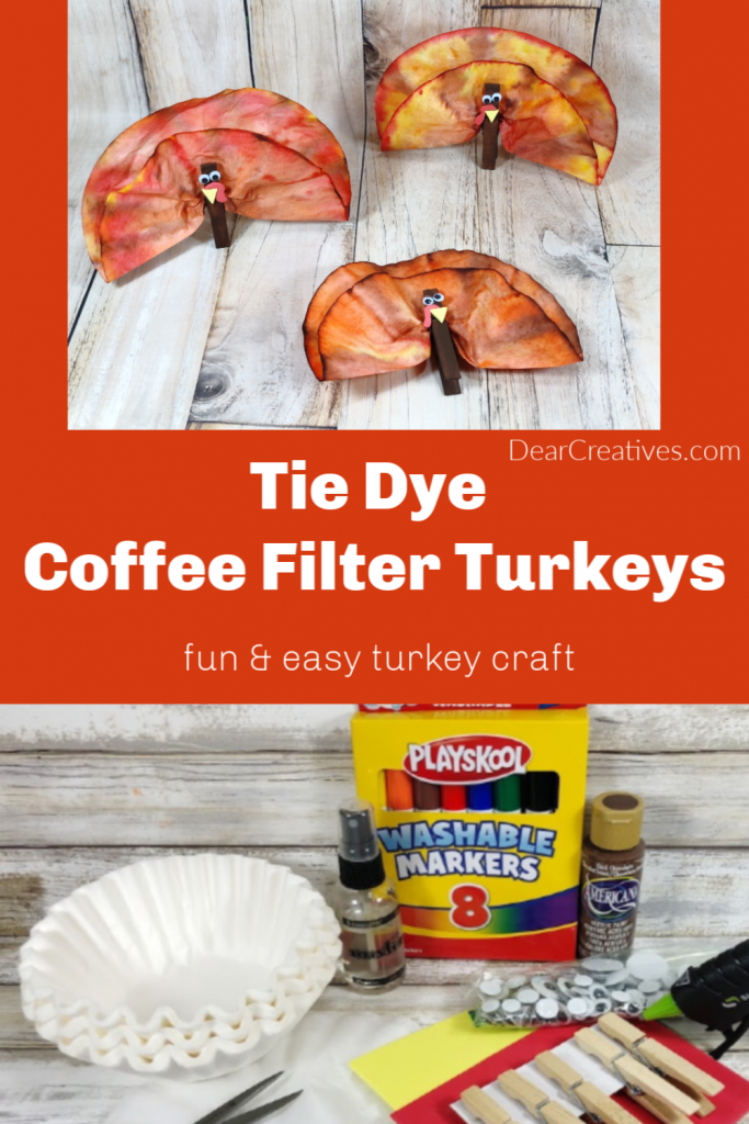 Tie Dye Turkey Coffee Filter Craft - Make this fun and easy turkey craft for kids. Start with markers, coffee filters and clothespins as a Thanksgiving craft for kids. DearCreatives.com