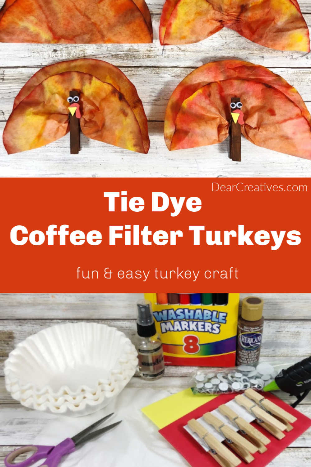 Tie Dye Turkey Coffee Filter Craft - Make this fun and easy turkey craft for kids. Start with markers, coffee filters and clothespins as a Thanksgiving craft for kids. DearCreatives.com