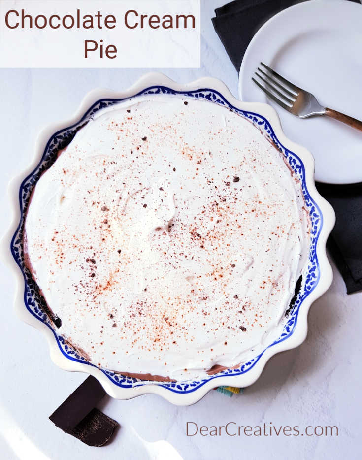 Chocolate Cream Pie - Creamy, chocolate pie that is a no bake chocolate pie recipe. Easy to make, sets up in a few hours! DearCreatives.com