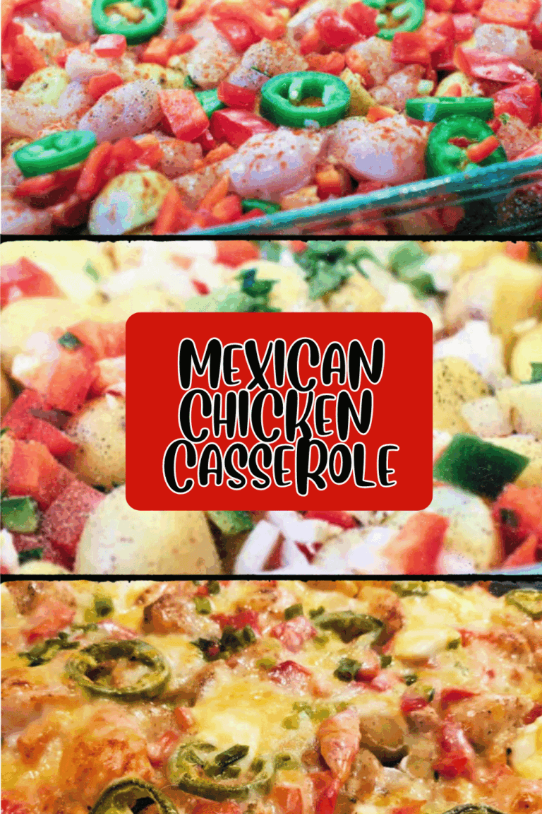Mexican Chicken Casserole is easy as 1, 2, 3, cut up chicken and vegetables, add to casserole, spices, and top with cheesy goodness. Bake and enjoy! Easy dinner for any night of the week. DearCreatives.com