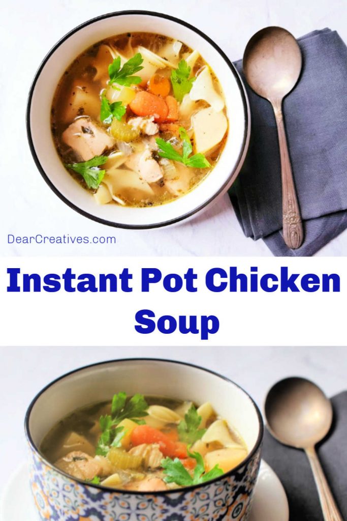 This chicken noodle soup tastes like it cooked all day long but, it's made in the Instant Pot. My go to Instant Pot Chicken Soup - Find this soup recipe at DearCreatives.com