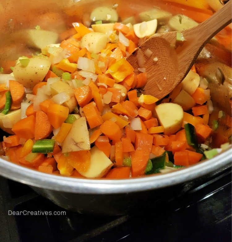 chopped vegetables saute for lemony chicken soup - soup recipe at DearCreatives.com