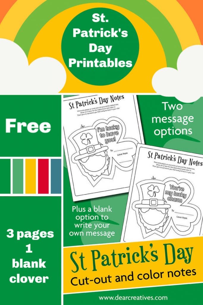 St. Patrick's Day Coloring Page - Printables - Leprechaun coloring pages - 3 different options with leprechauns and clovers. Two have messages and one is blank to fill out. Grab the free printables at DearCreatives.com