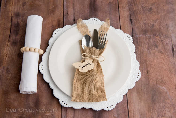 DIY Burlap Utensil Holder With Cut Out Butterfly Seating Tag - DearCreatives.com