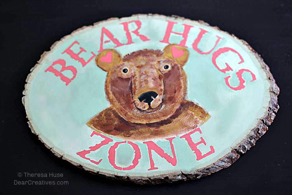 DIY Wood Bear Sign - Finished-Bear-Hugs-Zone-Stenciled-Plaque - Step by Step How-to DearCreatives.com