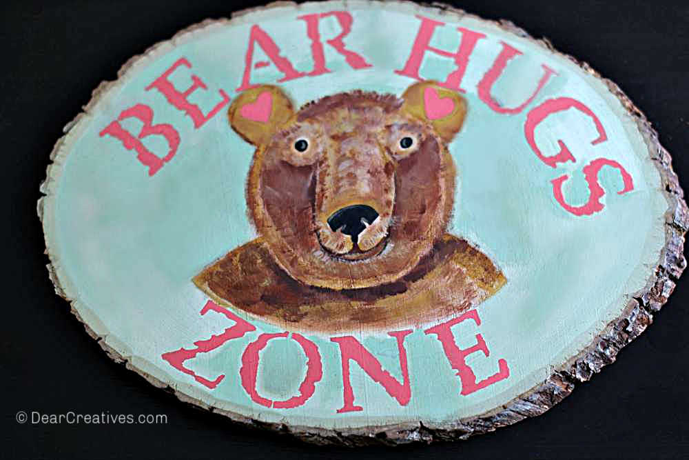 Finished-DIY Wood Bear Sign - Tutorial for how to paint a bear and stencil. Find this and other beginner acrylic painting techniques at DearCreatives.com