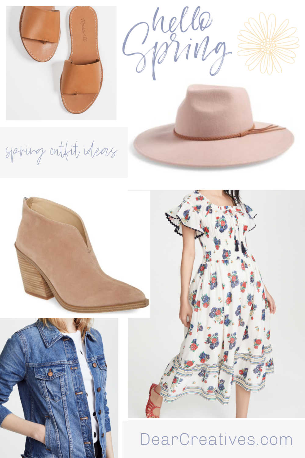 Spring Outfit Ideas - Spring dress, wool hat, sandals, booties, denim jacket - DearCreatives.com