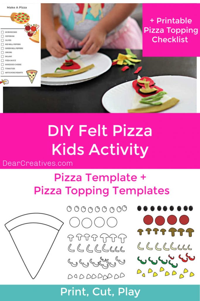 Make Play Pizza! Kids Activity -includes free printable templates for pizza, pizza topping and pizza making checklist. Plus, full instructions. Print, cut, play, learn - have fun with the kids today! DearCreatives.com