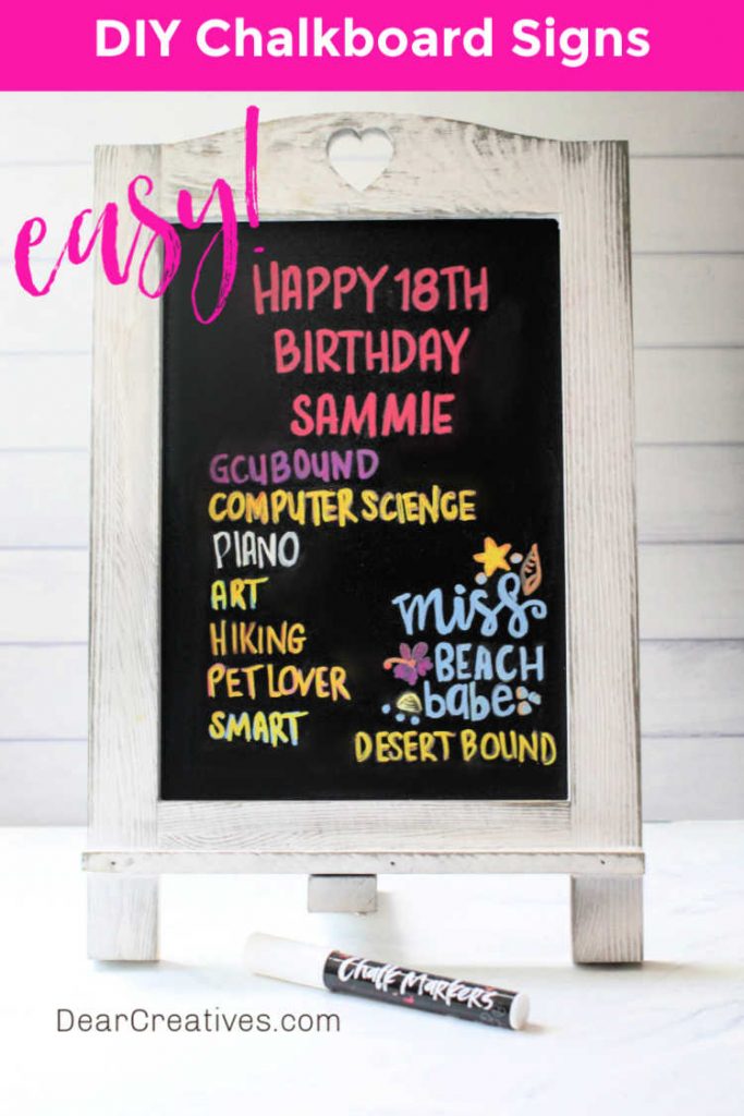 chalkboard art easy- © DearCreatives.com - finished chalkboard art sign for birthday - graduation with mementos written on the sign. See how to at DearCreatives.com 