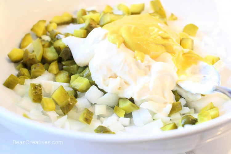 chopped-onions-pickles-mustard-and-mayonnaise-how-to-make-the-best-potato-salad-at-DearCreatives.com