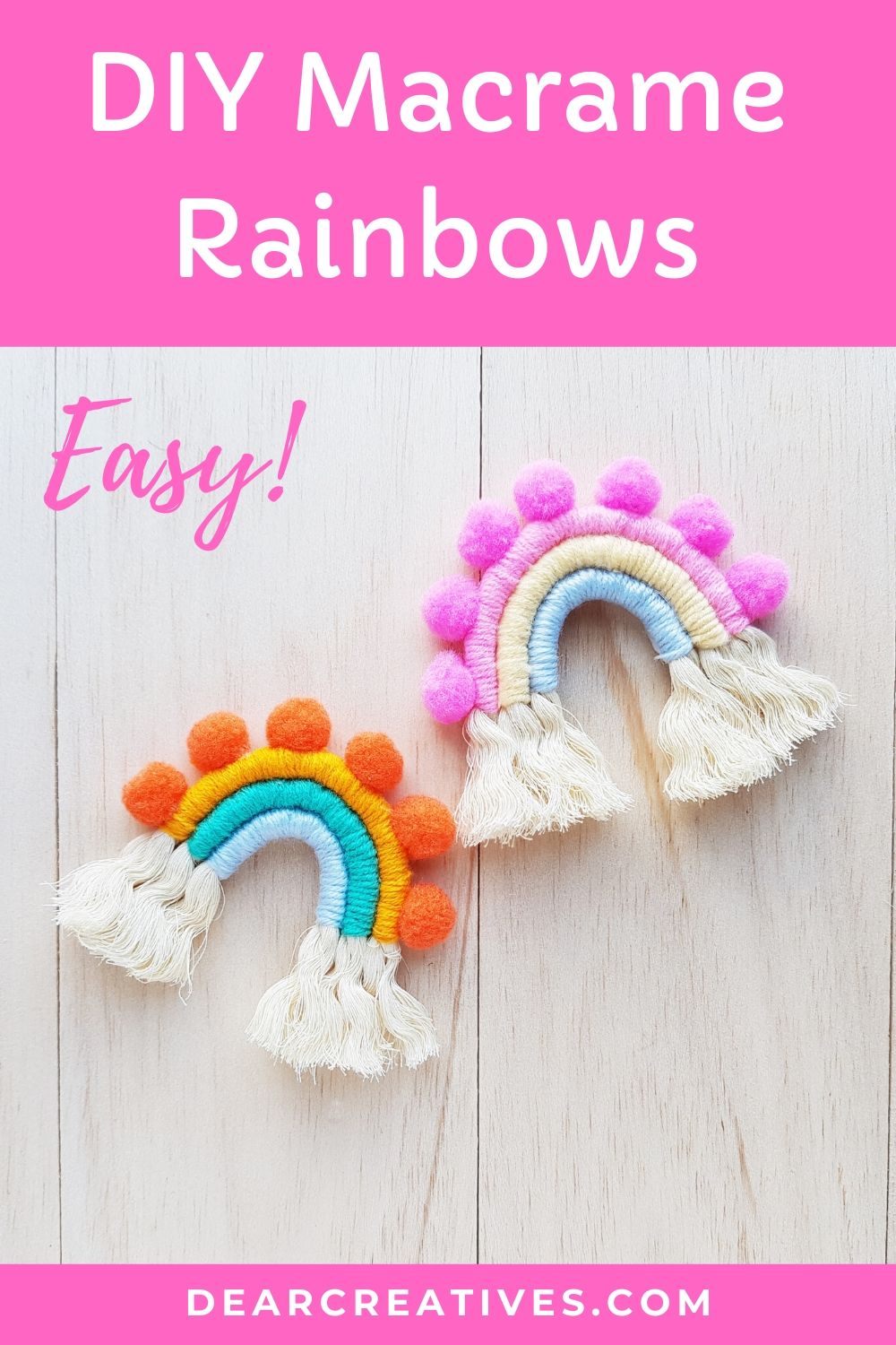 Easy! Beginner Craft - DIY Macrame Rainbows - Made with rope, yarn and optional pom poms. DearCreatives.com