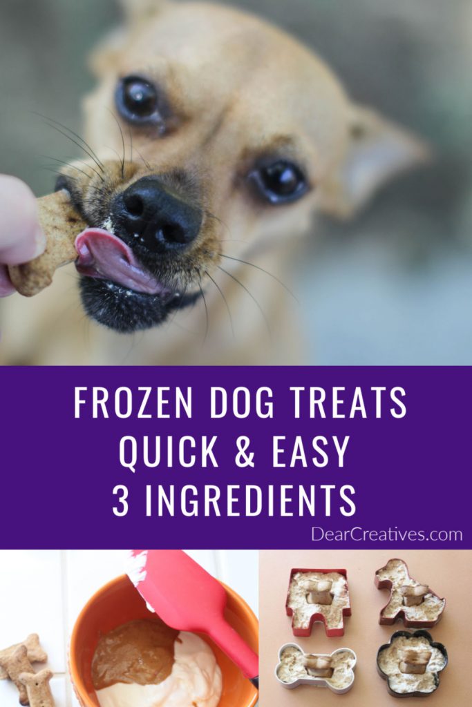 Frozen Dog Treats - This frozen dog treats recipe uses 3 dog-friendly ingredients, is quick and easy! Treat your pampered pooches to an ice cold pupsicle! They will love these dog treats! DearCreatives.com 