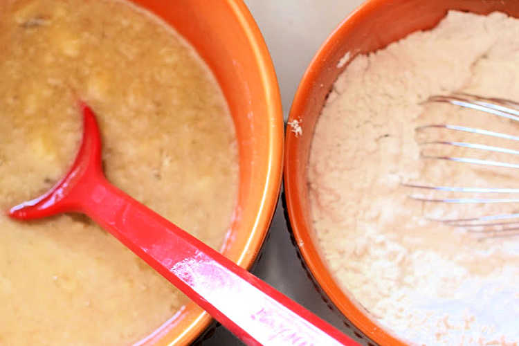 Getting ready to mix in flour mixture to banana mixture - making banana muffins - © DearCreatives.com 