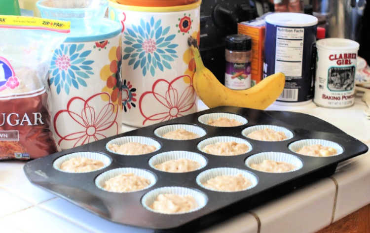 ingredients for banana muffins and muffins ready to go into the oven - muffins recipe at © DearCreatives.com 