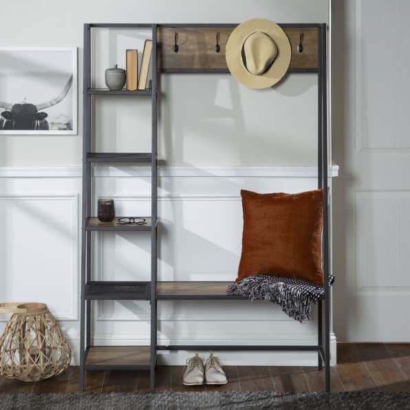 side angle shelf hall tree with storage - hang up your coats, hats and decorate bench seating...