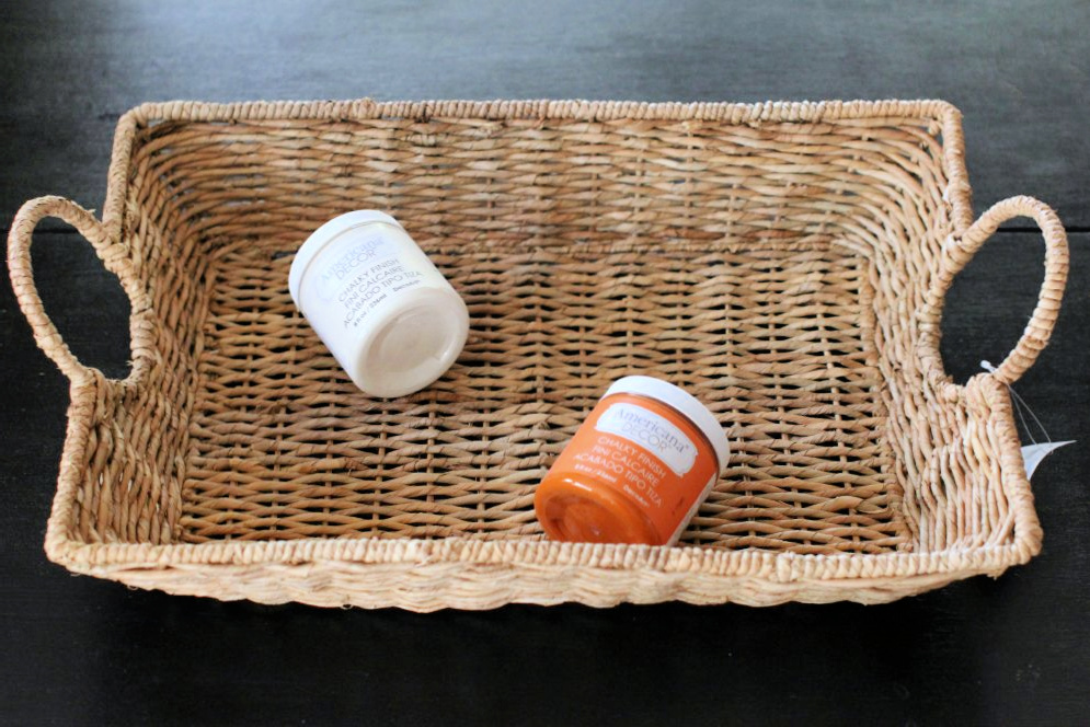 Basket with handles, chalk paint in cream and orange for a DIY home decor project. DearCreatives.com
