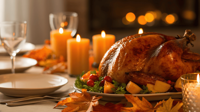A holiday dinner with roasted turkey on the table, candles, table setting of plates, utensils, and wine or water glasses.