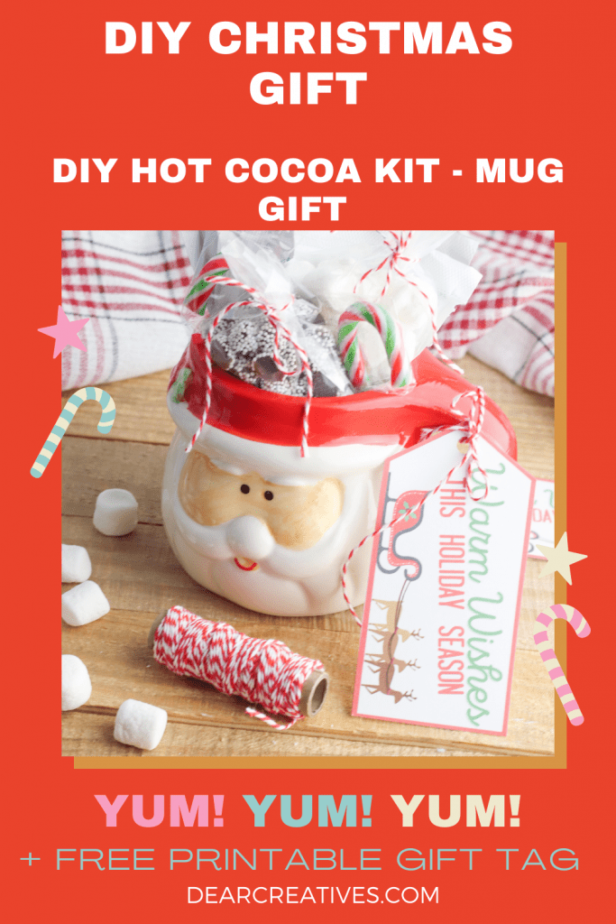 DIY CHRISTMAS GIFT - This DIY hot cocoa kit is such a great mug gift idea. Make one or a few. It's the perfect DIY gift for friends, boyfriend, girlfriends, coworkers, family... Include a free printable gift tag! DearCreatives.com